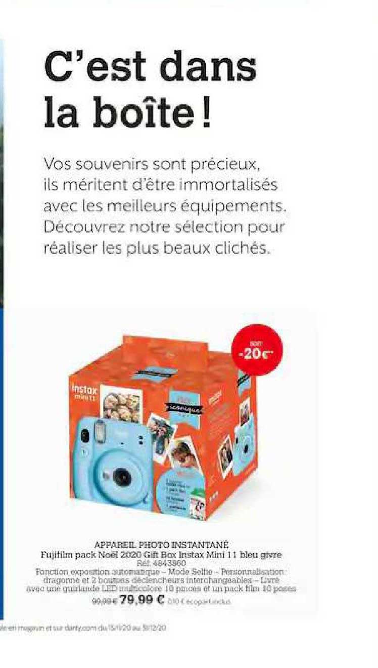 appareil photo instantané fujifilm pack noël 2120 gift box instax mini 11 bleu givre