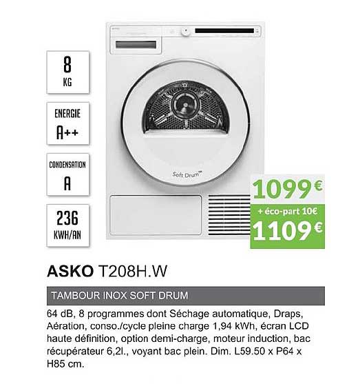 asko t208h w tambour inox soft drum