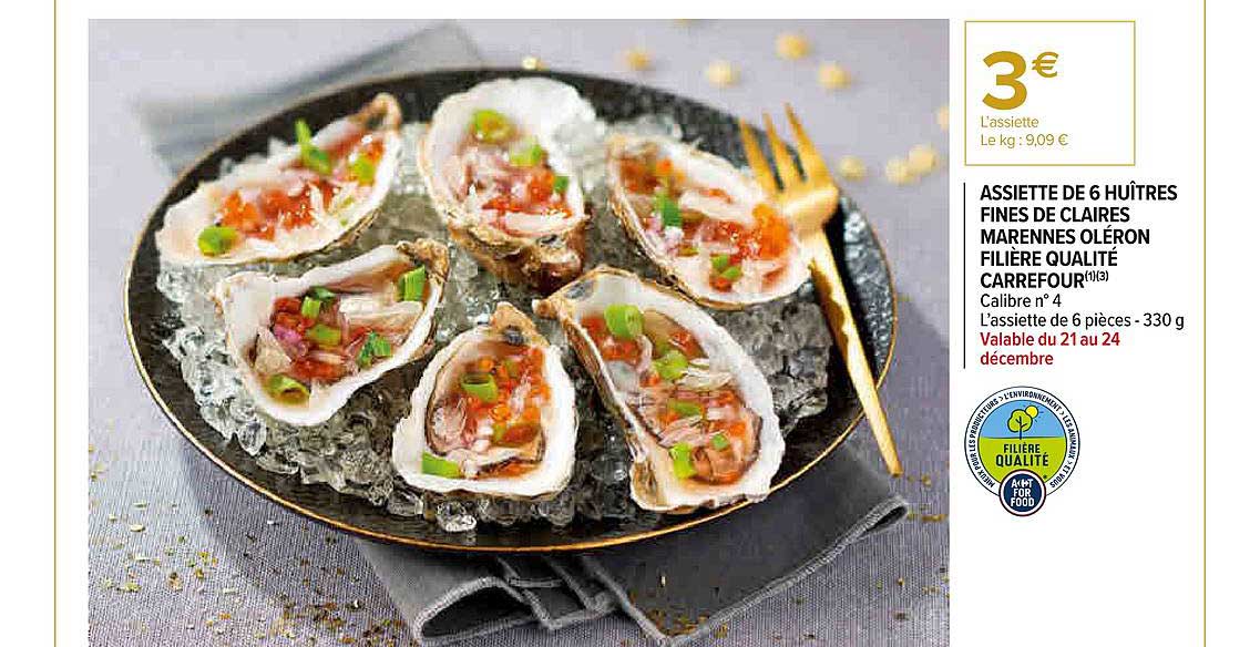 assiette de 6 huîtres fines de claires marennes oléron filière qualité carrefour