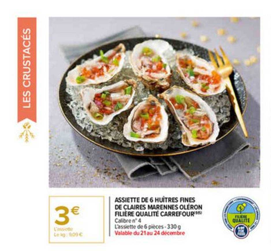 assiette de 6 huîtres fines de claires marennes oléron filière qualité carrefour