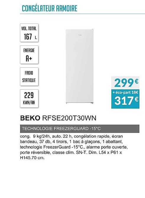 beko rfse200t30wn technologie freezergaurd moins 15°c