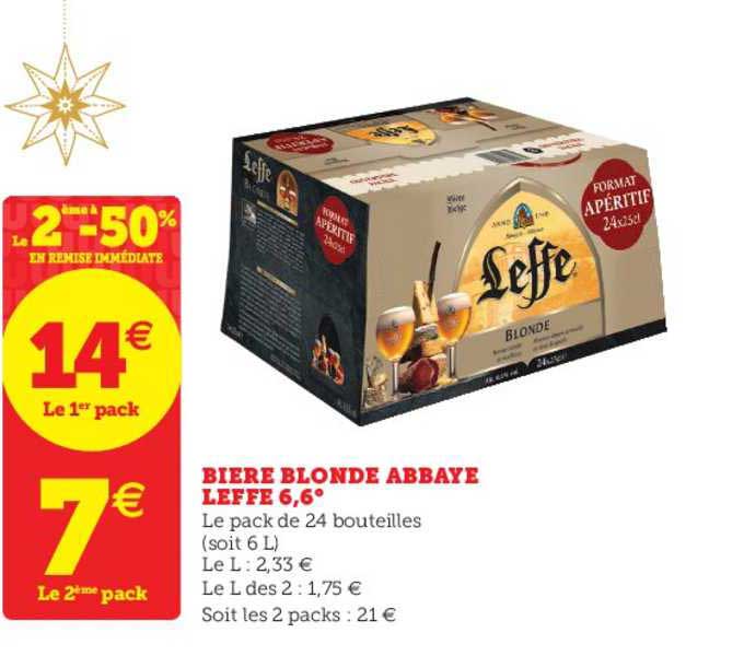bière blonde abbay leffe 6.6° le 2ème à -50% en remise immédiate
