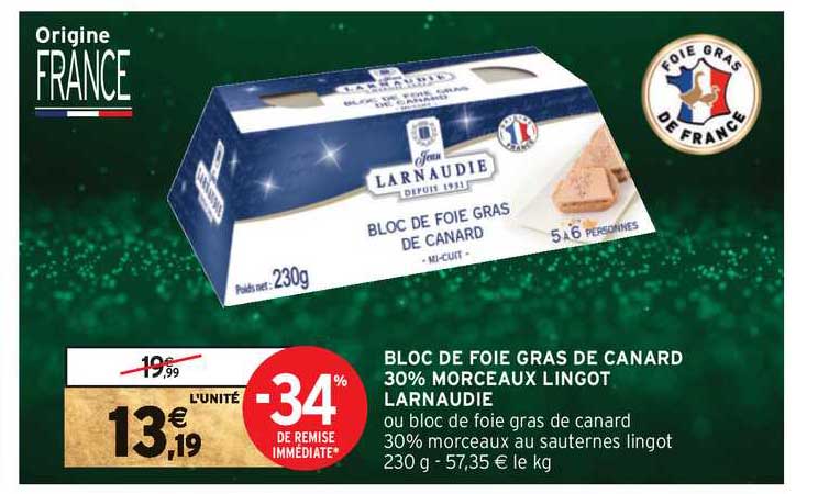 bloc de foie gras de canard 30% morceaux lingot larnaudie