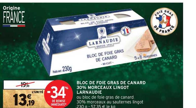 bloc de foie gras de canard 30% morceaux lingot larnaudie