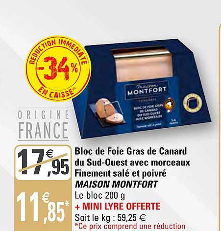 bloc de foie gras de canard du sud ouest avec morceaux finement salé et poivré maison montfort