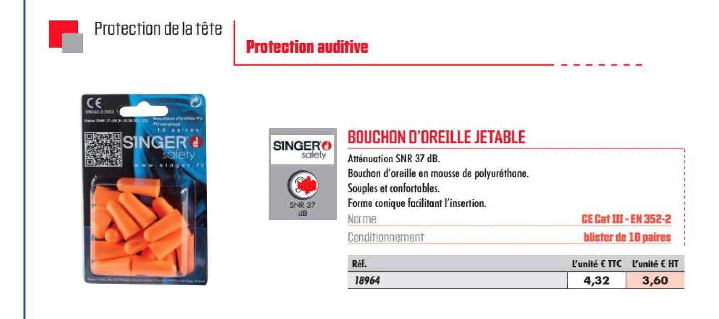 bouchon d'oreille jetable singer safety