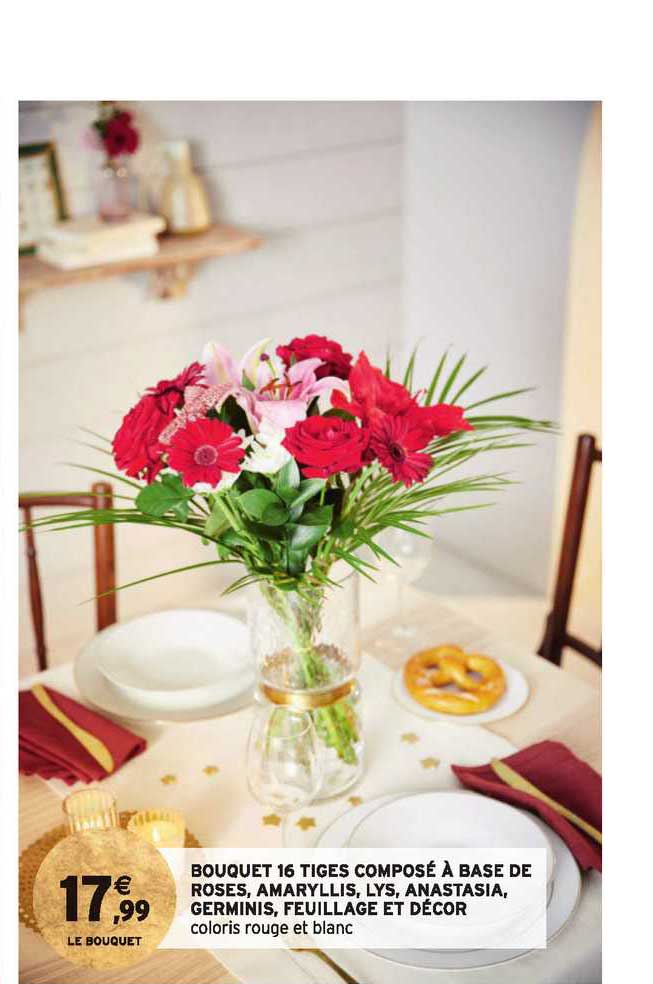 bouquet 16 tiges composé à base de roses, amaryllis, lys, anastasia, germinis, feuillage et décor