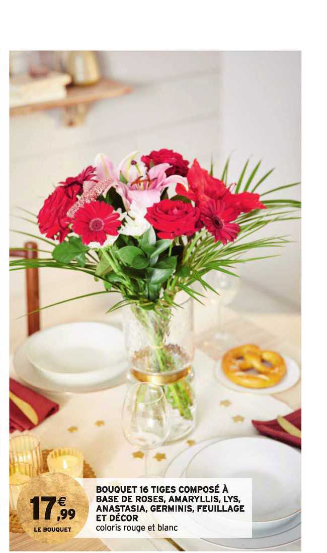 bouquet 16 tiges composé à base de roses, amaryllis, lys, anastasia, germinis, feuillage et décor