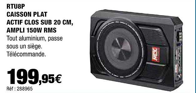 caisson plat actif clos sub 20 cm, ampli 150w rms rtu8p
