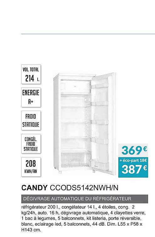 candy ccods5142nwh n dégivrage automatique réfrigérateur