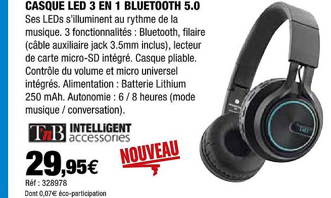casque led 3 en 1 bluetooth 5.0 tnb intelligent accessories