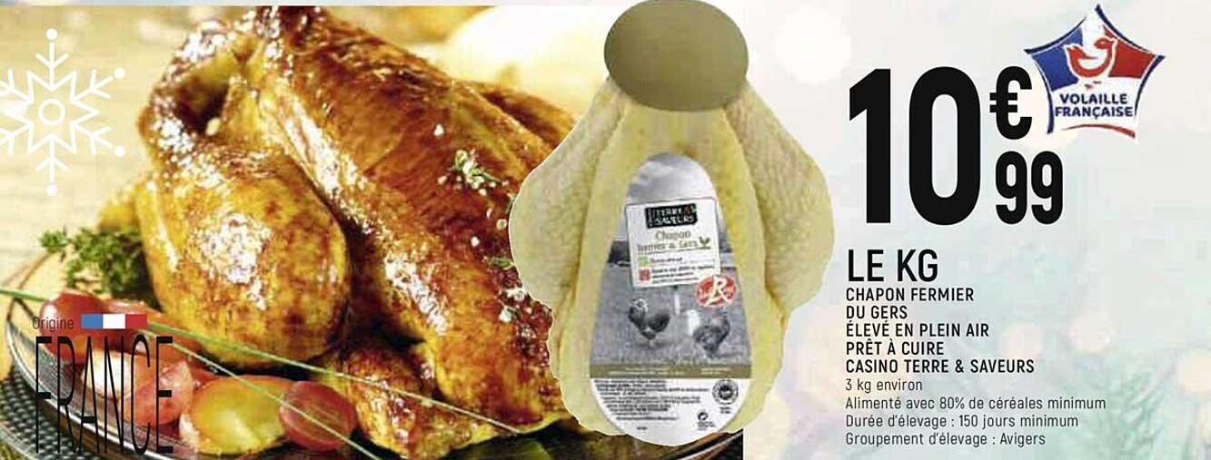 chapon fermier du gers élevé en plein air prêt à cuire casino terre & saveurs