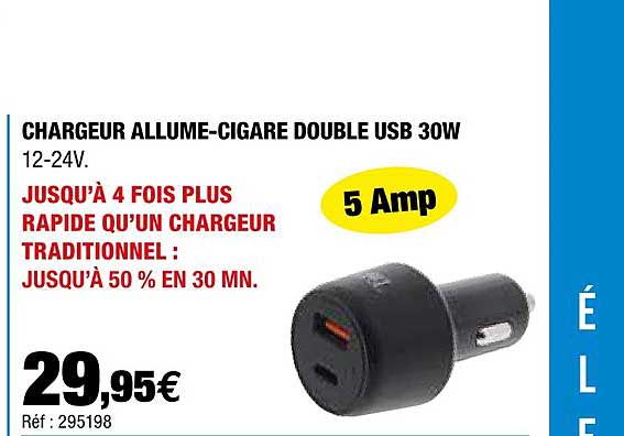 chargeur allume-cigare double usb 30w