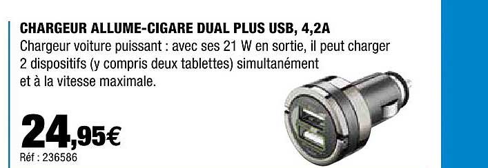 chargeur allume-cigare dual plus usb, 4,2a