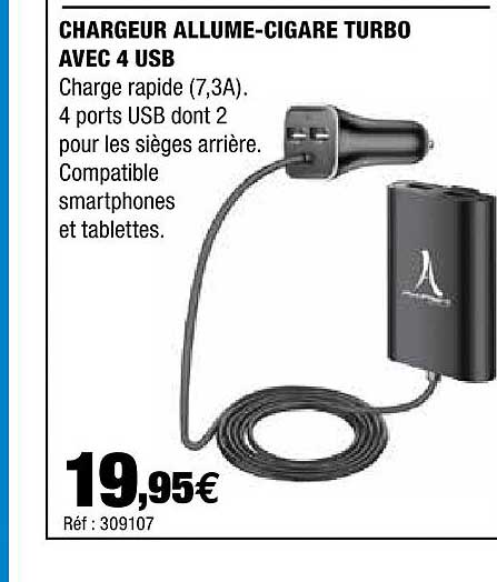 chargeur allume-cigare turbo avec 4 usb akashi