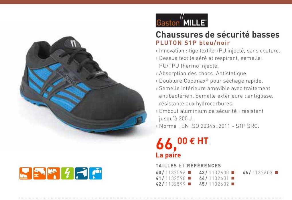 chaussures de sécurité basses pluton s1p bleu noir gaston mille