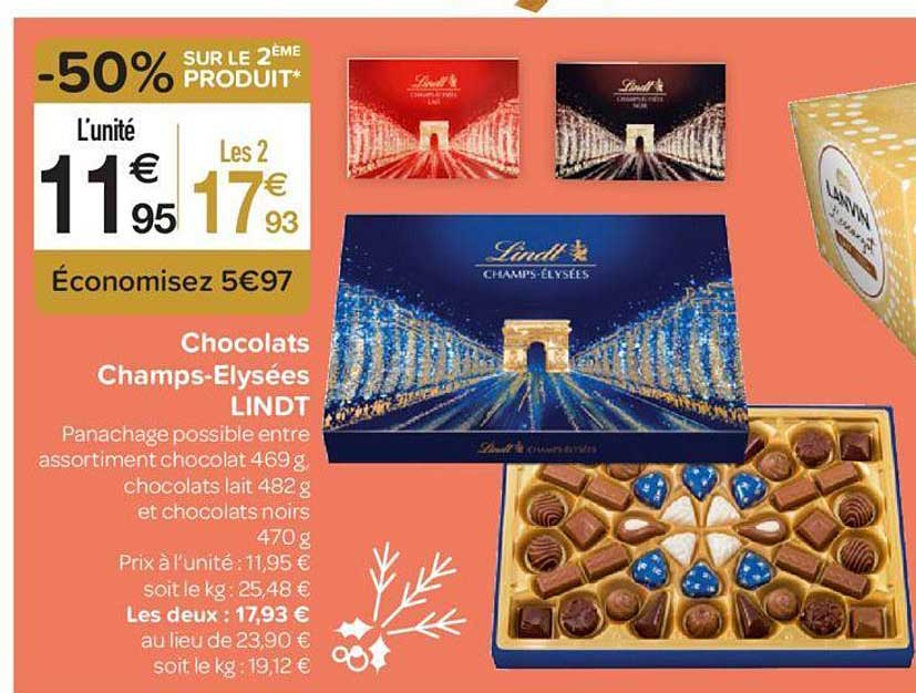 chocolats champs elysées lindt -50% sur le 2ème produit