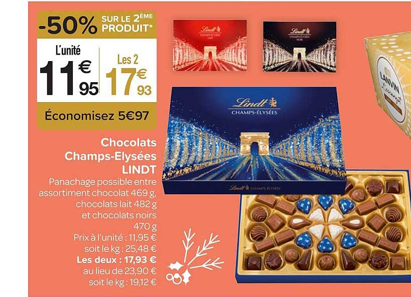 chocolats champs elysées lindt -50% sur le 2ème produit