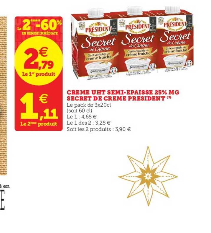 crème uht semi épaisse 25% m.g. secret de crème président