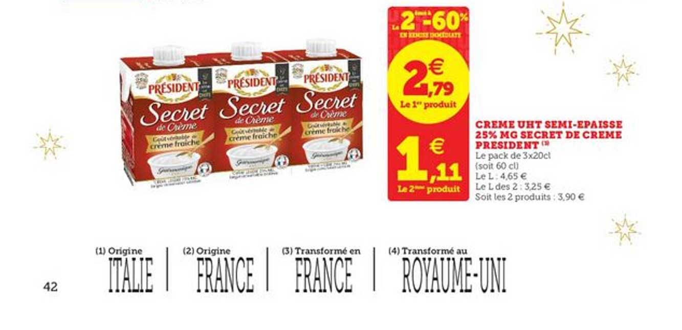crème uht sémi épaisse 25% mg secret de crème président le 2ème à -60%