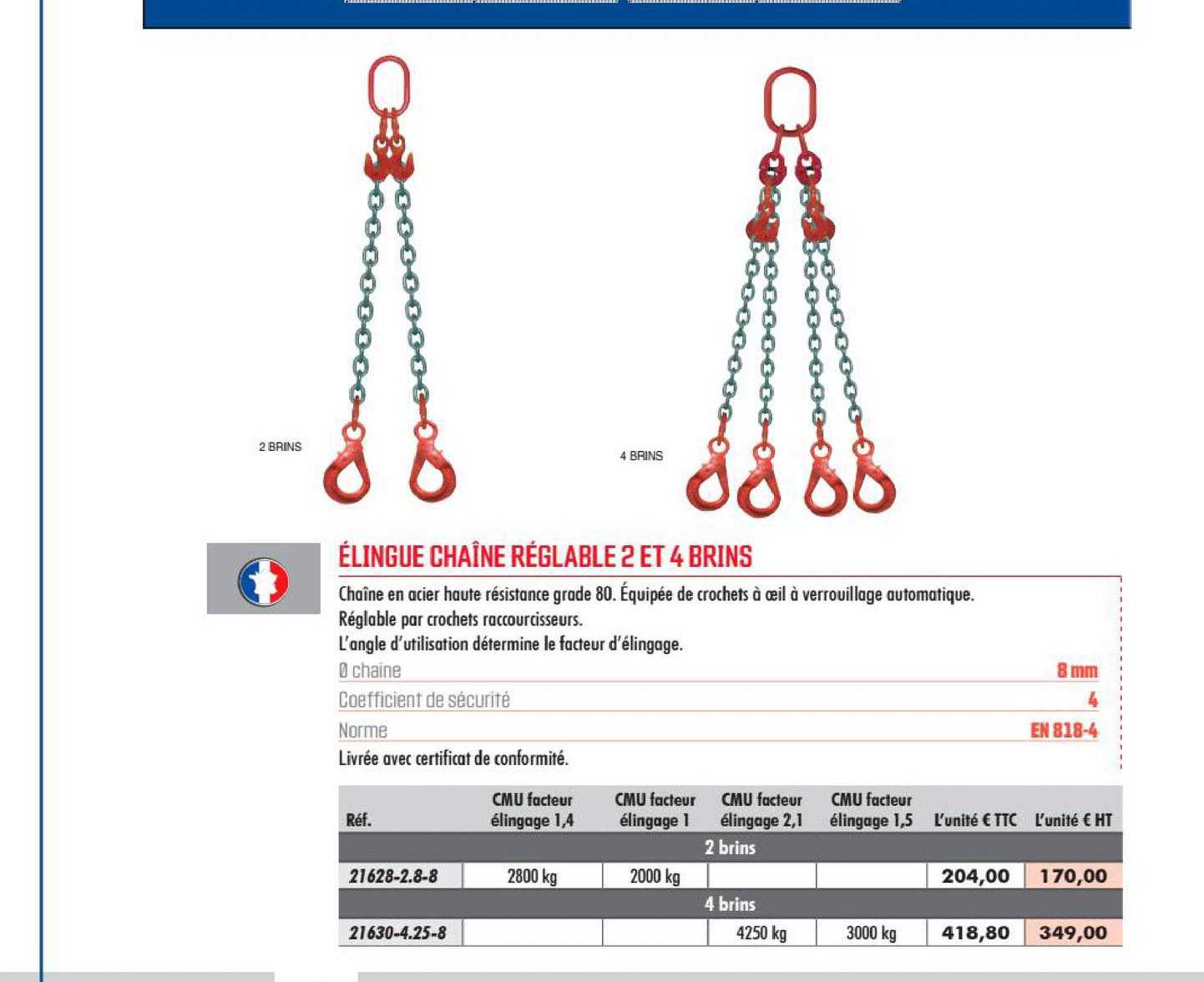 élingue chaîne réglable 2 et 4 brins
