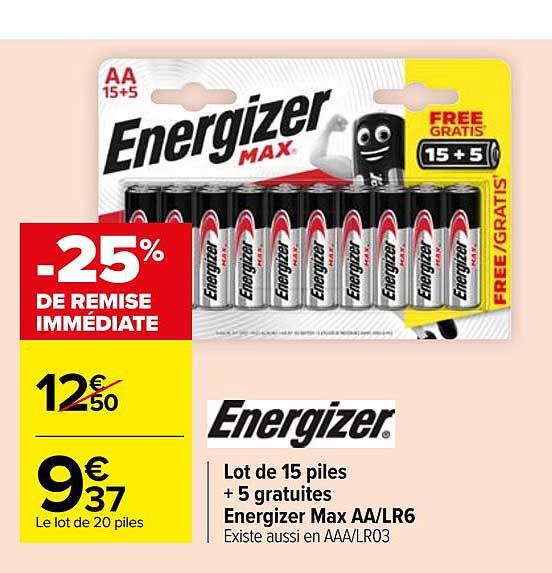energizer lot de 15 piles + 5 gratuites energizer max aa lr6 -25% de remise immédiate