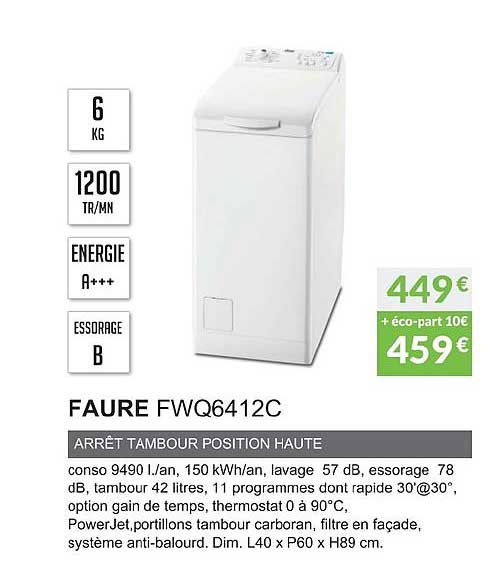 faure fwq6412c arrêt tambour position haute