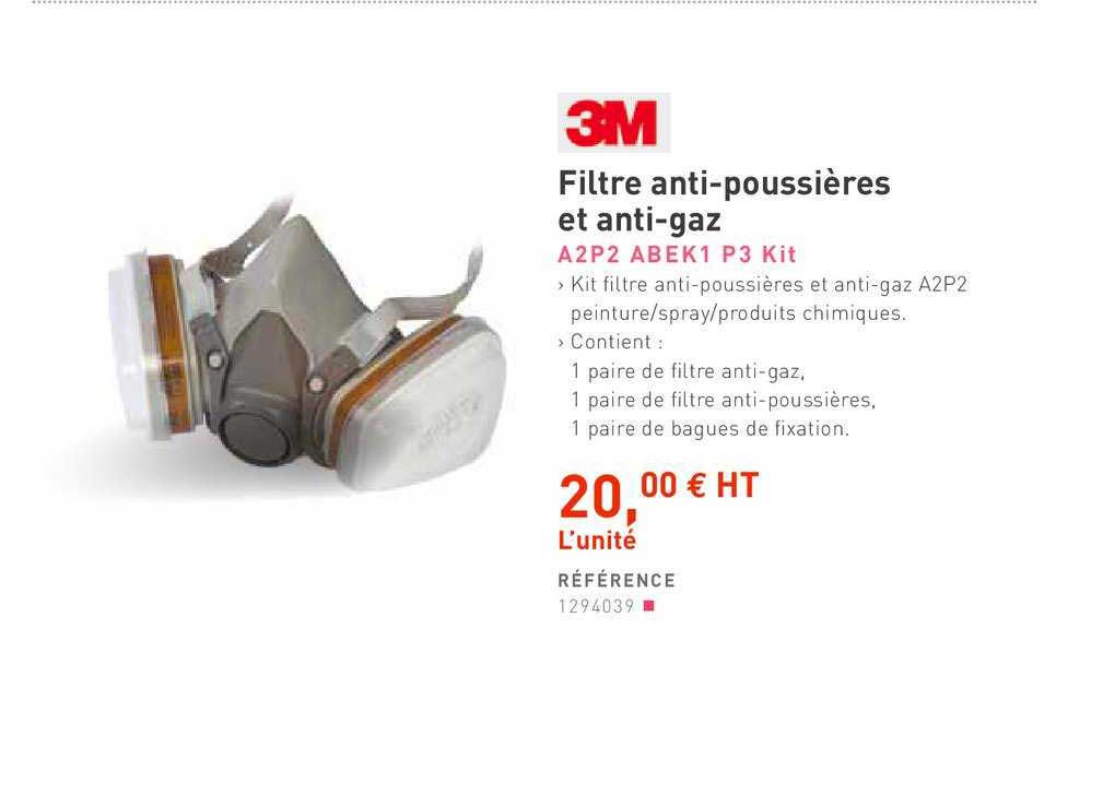 filtre anti poussières et anti gaz a2p2 abek1 p3 kit 3m