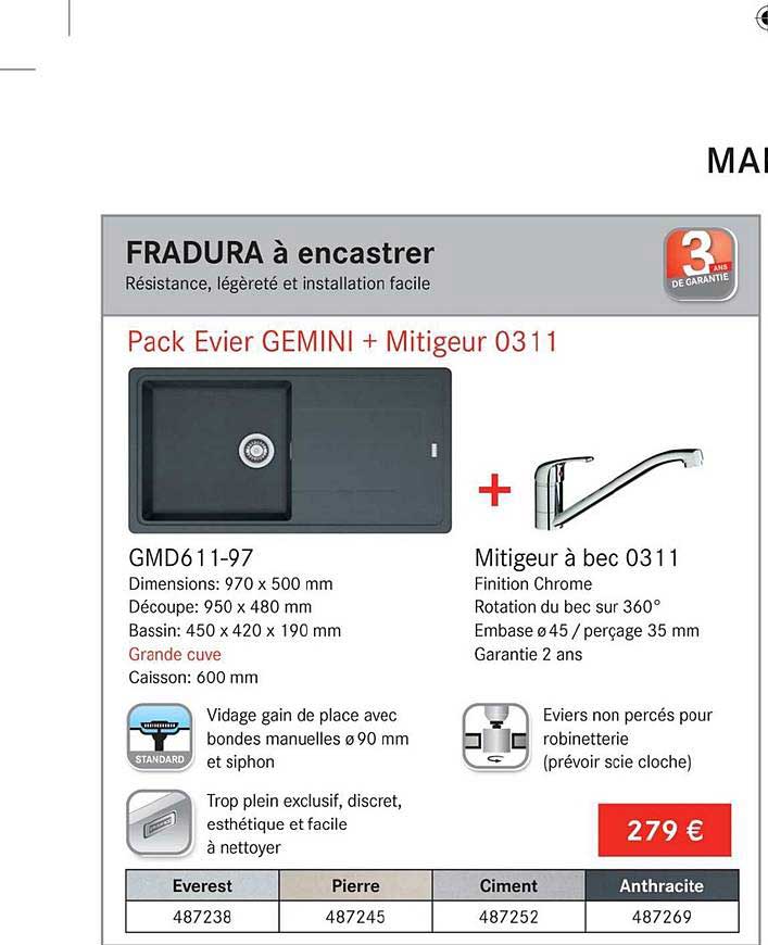 fradura à encastrer pack evier gemini + mitigeur 0311