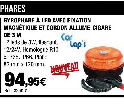 gyrophare à led avec fixation magnétique et cordon allume-cigare de 3m