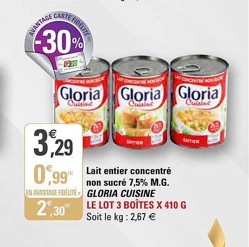 lait entier concentré non sucré 7,5% m.g. gloria cuisine