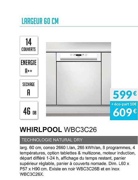 largeur 60 cm whirpool wbc3c26 technologie natural dry