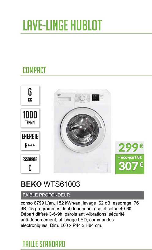 lave linge hublot beko wts61003 faible profondeur