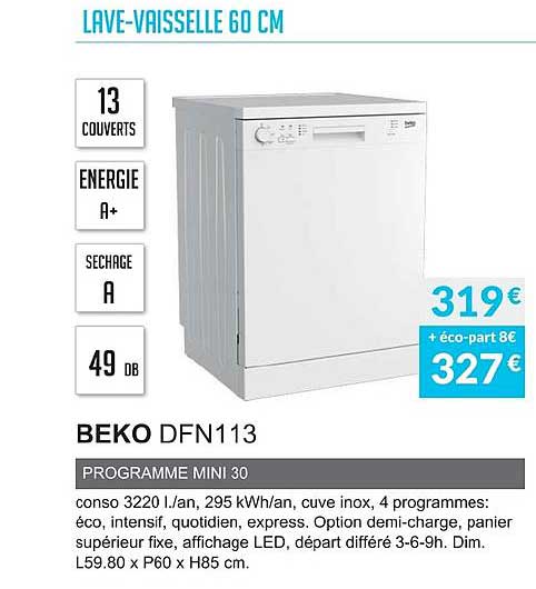 lave vaisselle 60 cm beko dfn113 programme mini 30