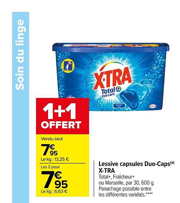 lessive capsules duo caps x tra 1+1 offert