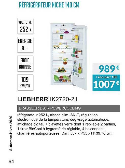 réfrigérateur niche 140 cm liebherr ik2720 21 brasseur d'air powercooling