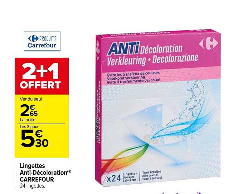 lingettes anti décoloration carrefour 2+1 offert