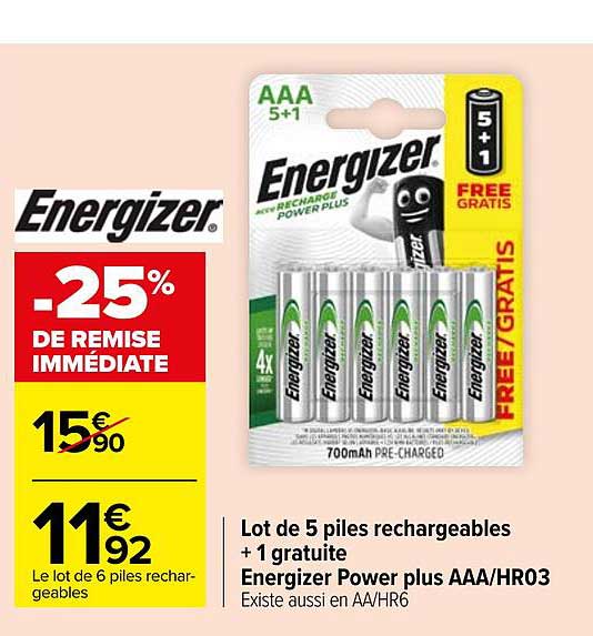 lot de 5 piles rechargeables + 1 gratuite energizer power plus aaa hr03 -25% de remise immédiate