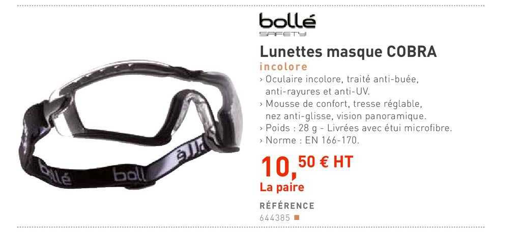 lunettes masque cobra incolore bollé safety