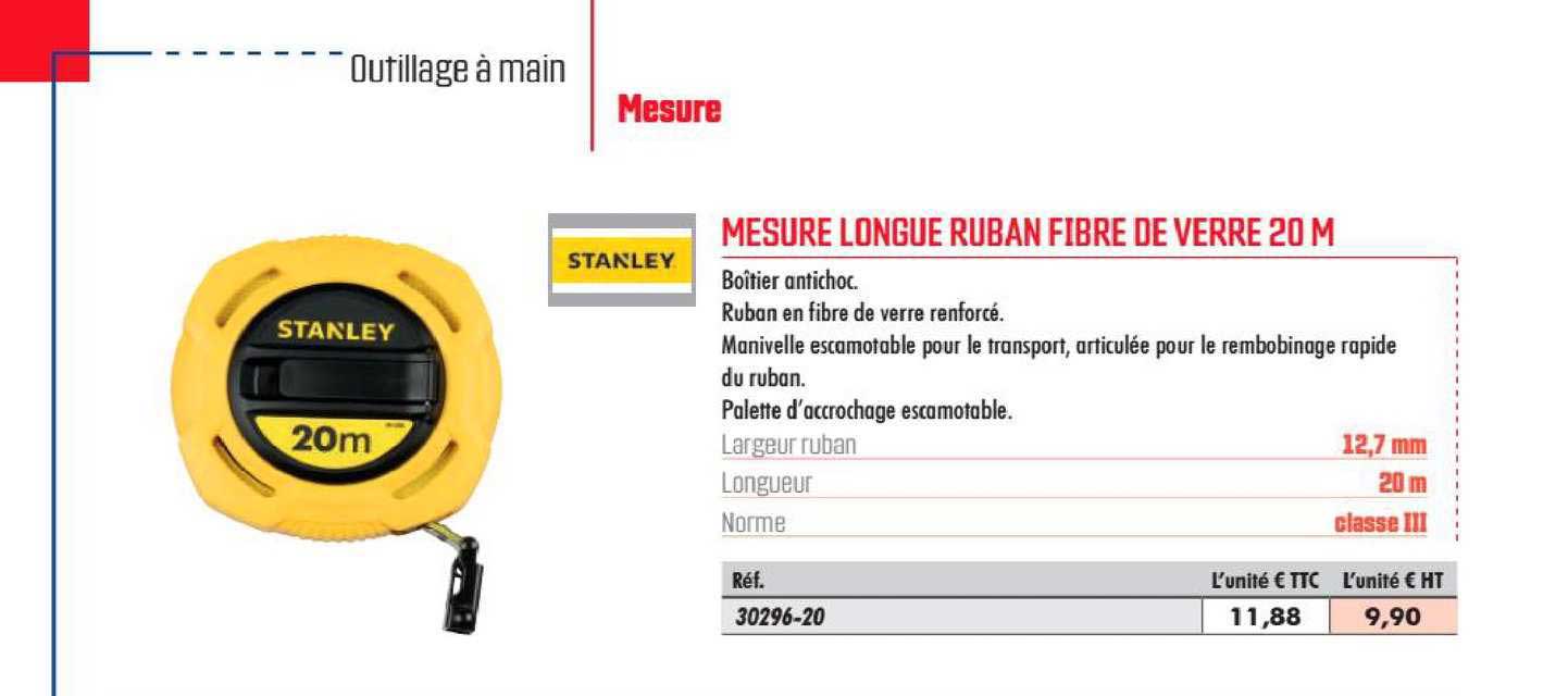 mesure longue ruban fibre de verre 20 m stanley