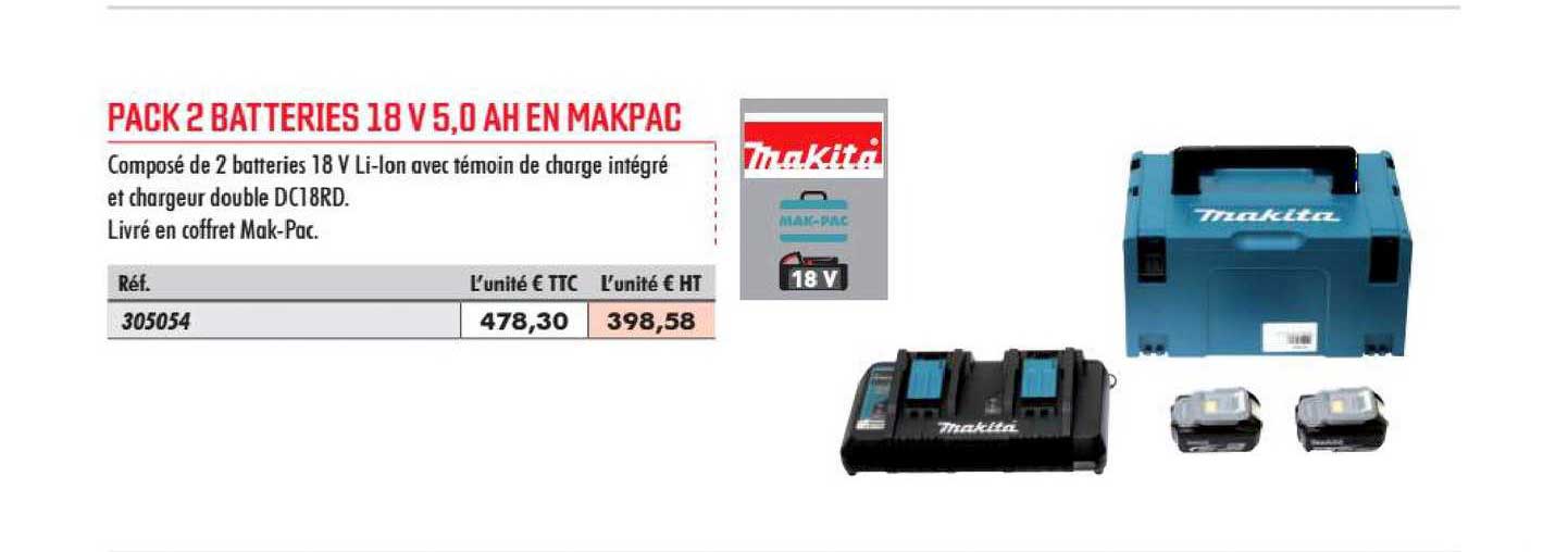 Pack 2 Batteries 18 V 5,0 Ah En Makpac Makita