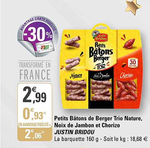 Petits Bâtons De Berger Trio Nature Noix De Jambon Et Chorizo Justin Bridou