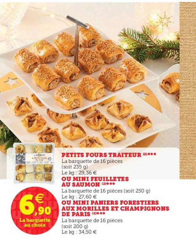 petits fours traiteur ou mini feuilletés au saumon ou mini paniers forestières aux morilles et champignons de paris