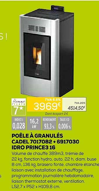 poêle à granulés cadel 7017082+6917030 idro prince3 16