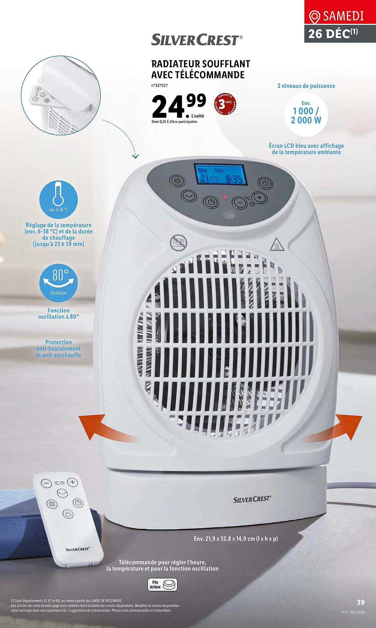 radiateur soufflant avec télécommande silver crest