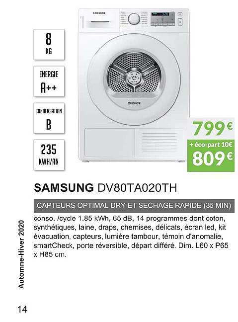 Samsung Dv80ta020th Capteurs Optimal Dry Et Séchage Rapide
