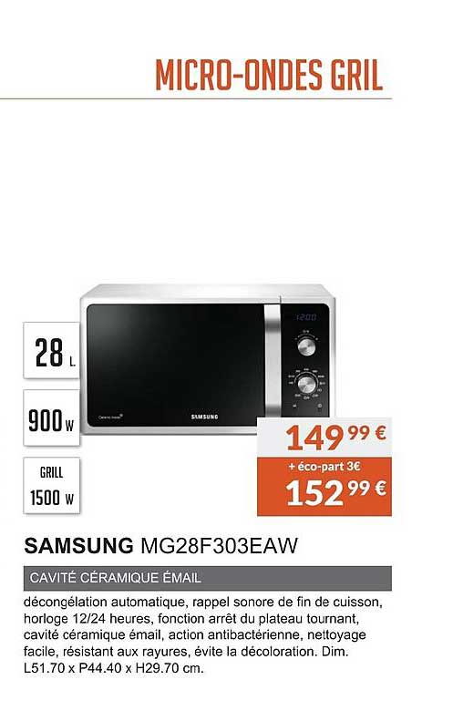 micro ondes gril samsung mg28f303eaw cavité céramique émail