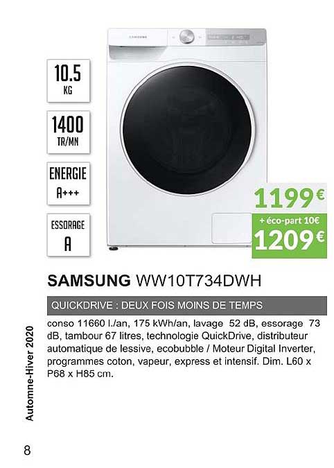 samsung ww10t734dwh quickdrive deux fois moins de temps