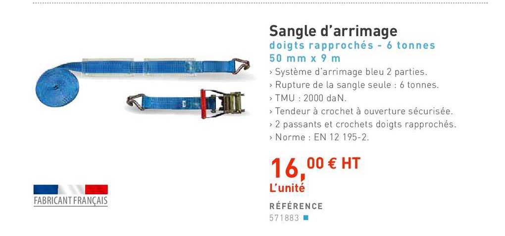 sangle d'arrimage doigts rapprochés 6 tonnes 50 mm x 9 m