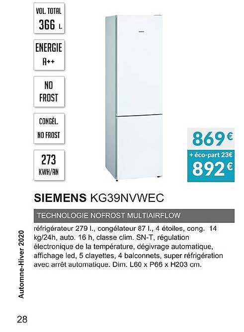 siemens kg39nvwec technologie nofrost multiairflow